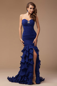 Robe habillée bustier coeur à volants en bleu royal