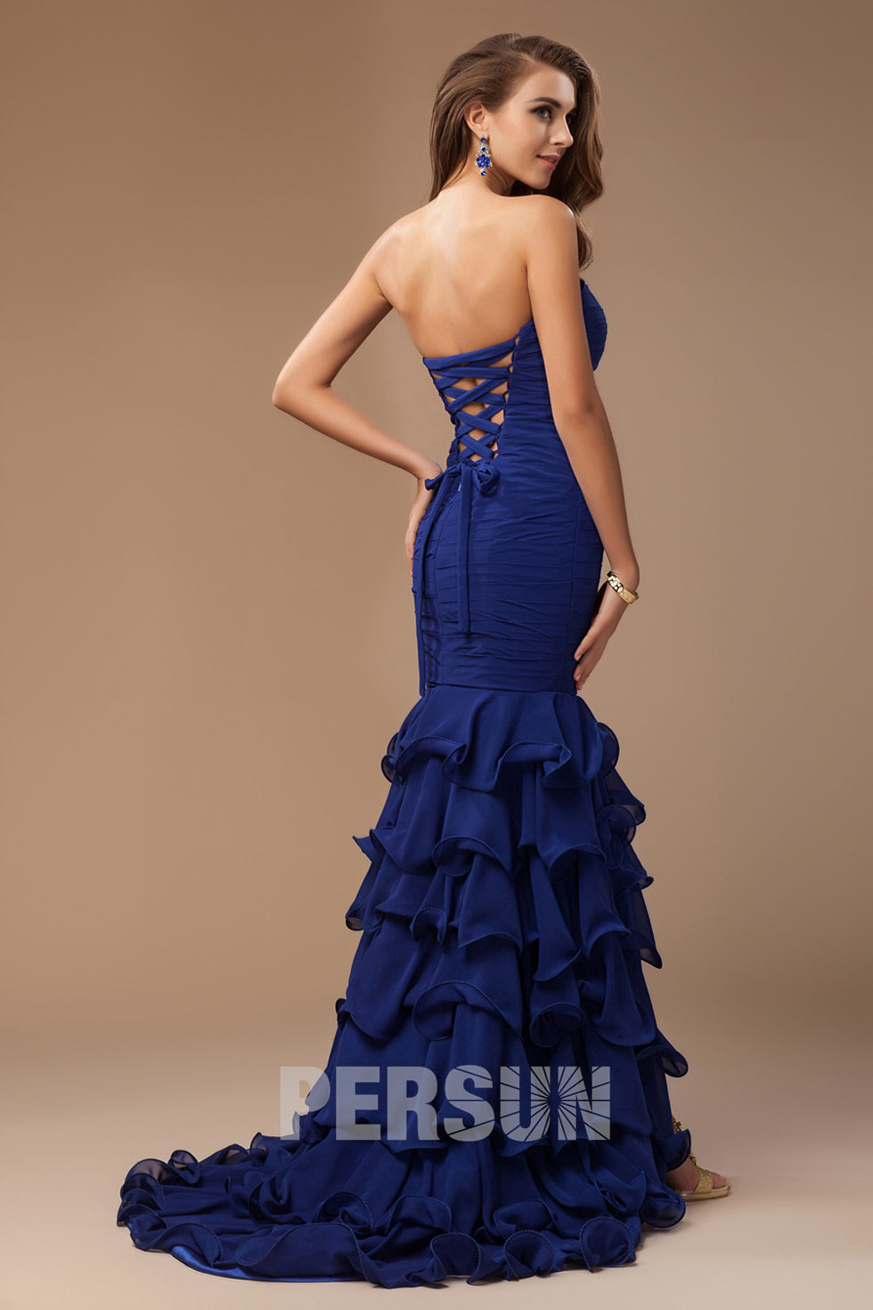 Robe habillée bustier coeur à volants en bleu royal