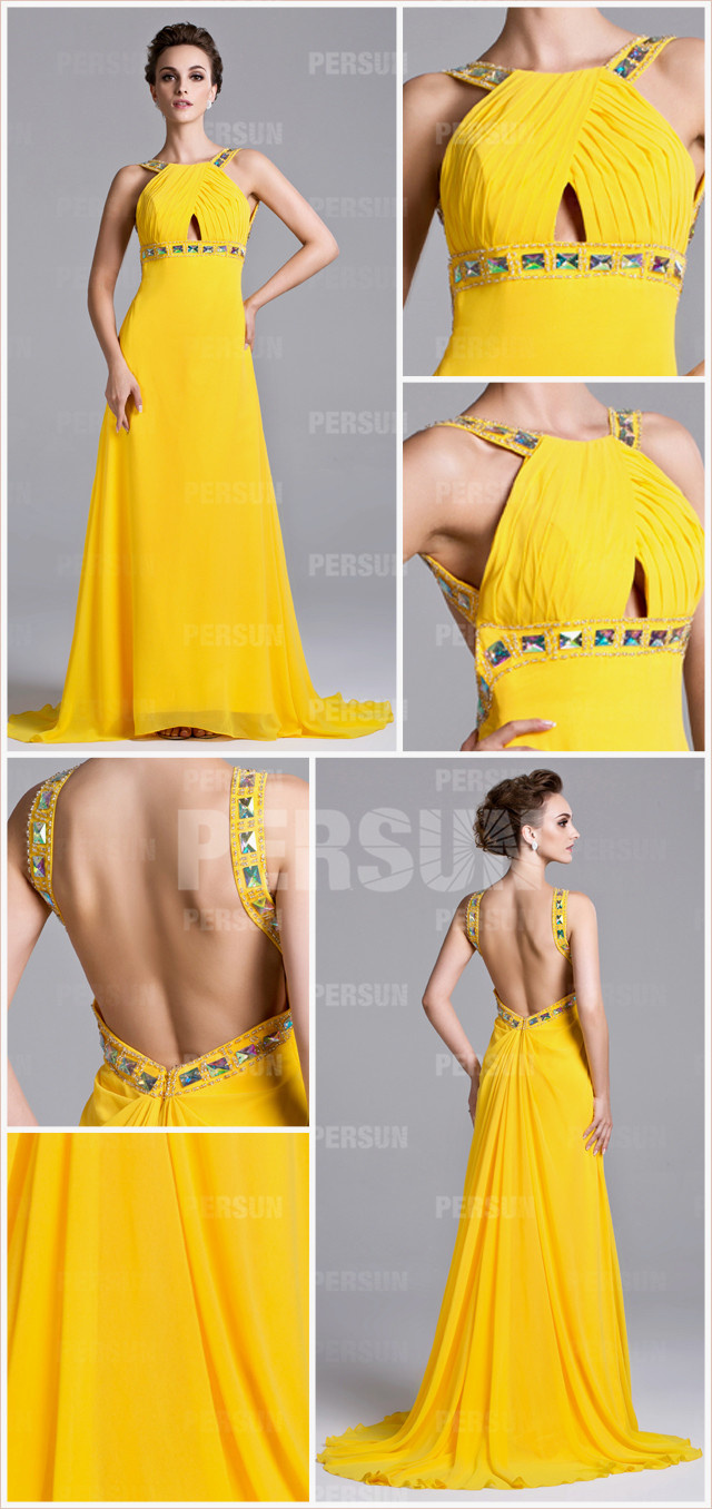 robe concours de beauté jaune à dos ouvert