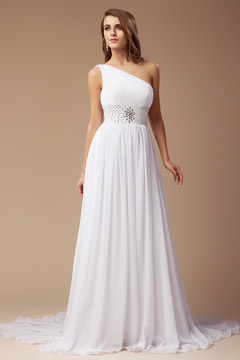 Robe cérémonie blanche épaule asymétrique avec ceinture strassée