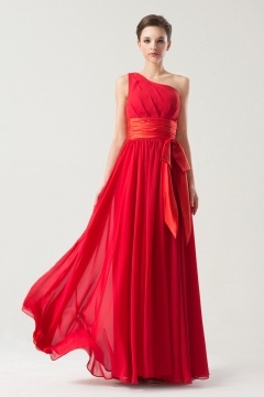 Robe rouge asymétrique plissée taille empire longue sol