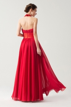 Robe rouge ceinturée à noeud papillon longue sol avec bretelle au cou