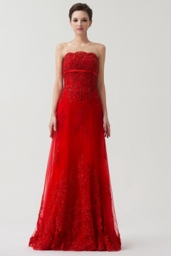 Robe rouge bustier en dentelle stras longue sol