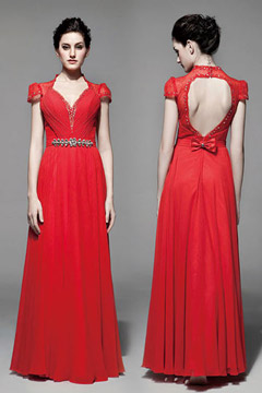 Robe rouge bustier plissée & dos découpé à  mancherons