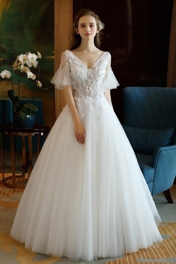 Robe de mariée col V bustier transparent & brodé manches évasées