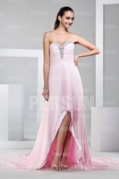 Robe rose bustier en cœur strassée courte devant longue derrière