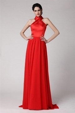 Robe soirée rouge longue sol avec bretelle autour du cou