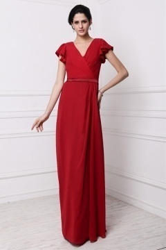 Robe soirée rouge longue décolletée V avec manches courtes
