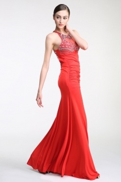 Robe soirée dos nu en jersey bustier perlé