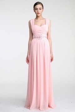 Robe de cérémonie rose empire en mousseline avec mancherons pour mariage