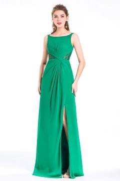 Robe verte soirée encolure bateau aux bretelles avec fente latérale & taille semi transparente