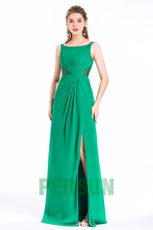 Robe verte soirée encolure bateau aux bretelles avec fente latérale & taille semi transparente