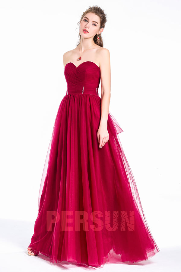 Robe bordeux gala décolletée en coeur dos échancré & taille bijoutée