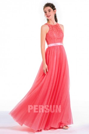 Robe élégante de cérémonie col rond à haut en dentelle & taille cintrée