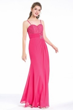 Robe fuchsia cérémonie bustier en coeur aux bretelles fines & taille strassée