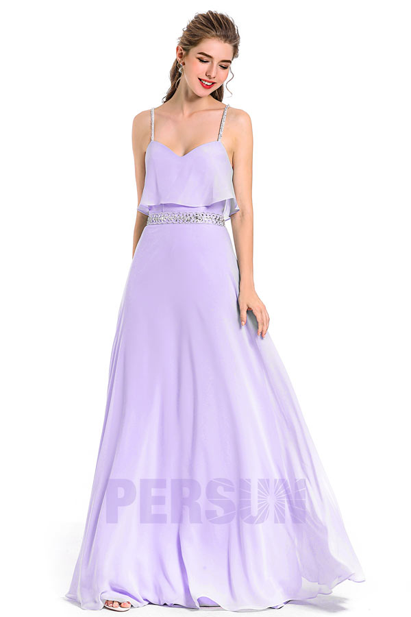 Femme robe maxi soirée décolletée en coeur aux bretelles avec ceinture parée de paillettes