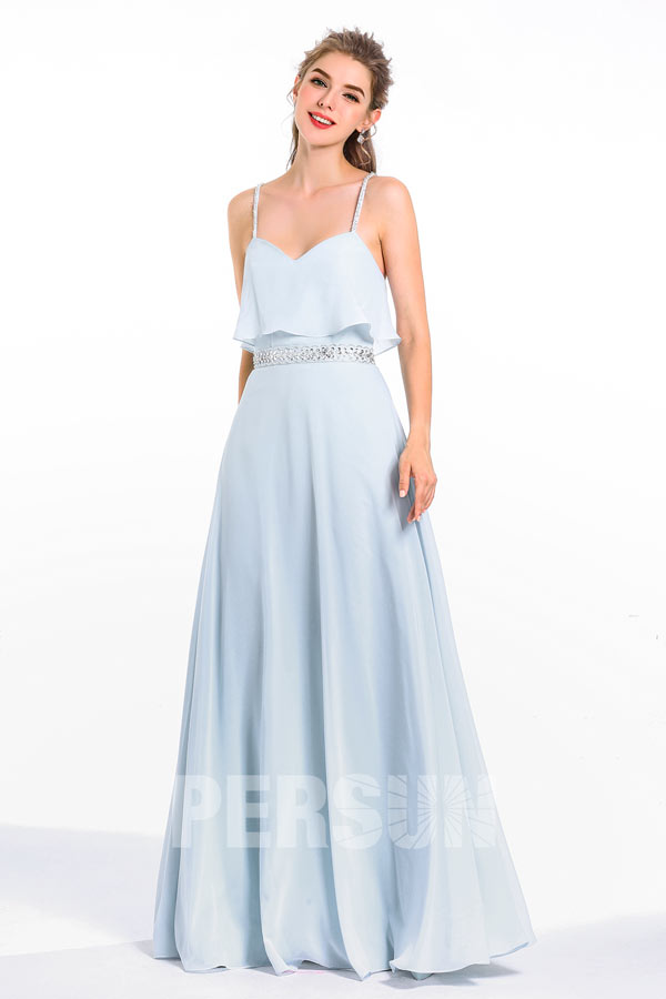 Femme robe maxi soirée décolletée en coeur aux bretelles avec ceinture parée de paillettes