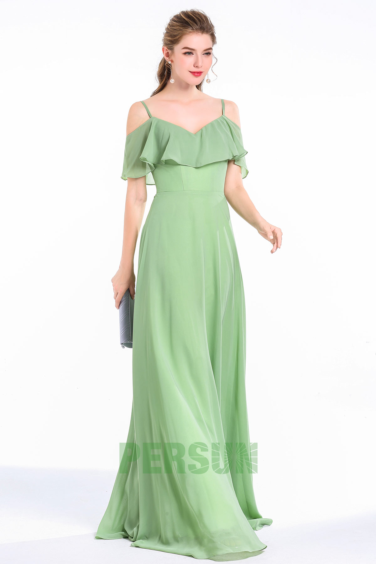 robe demoiselle d'honneur verte mousseline longue avec bretelle