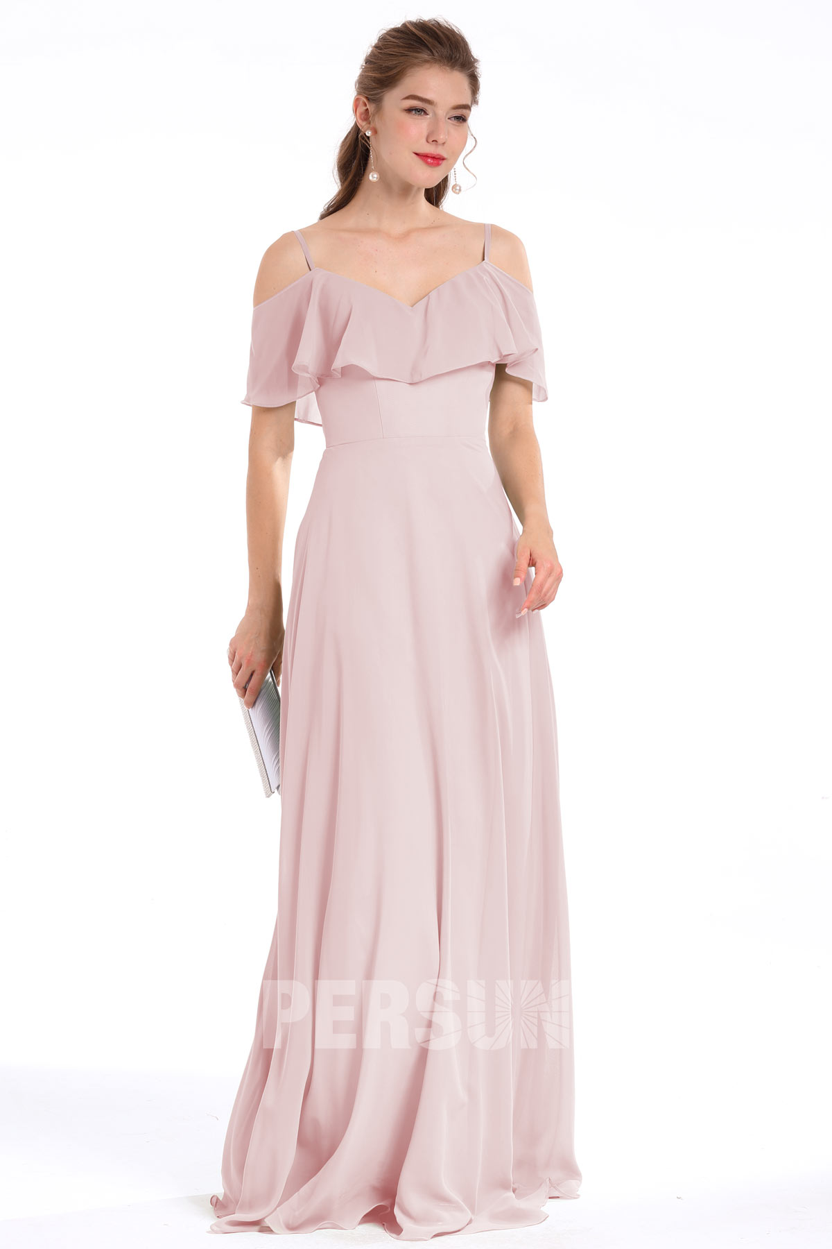 Robe chic décolletée en V aux bretelles fines & épaule dégagée