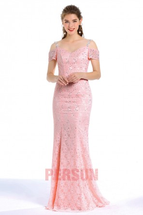 Robe rose cokctail mariage épaule dégagée sirène en sequin