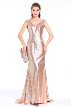 Robe longue cocktail mariage élégante sirène en sequin & dos écnahcré en V