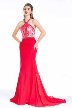 Robe femme longue soirée col rond à haut en dentelle & dos échancré