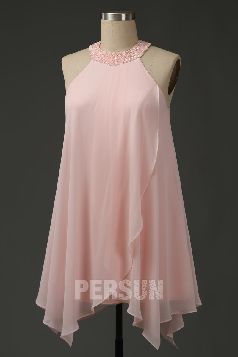 Maxi robe bleu nuit cocktail col montant parée de strass & jupe irrégulière