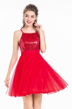 Chic robe rouge encolure carrée à haut en sequins & épaule dénudée pour cocktail mariage