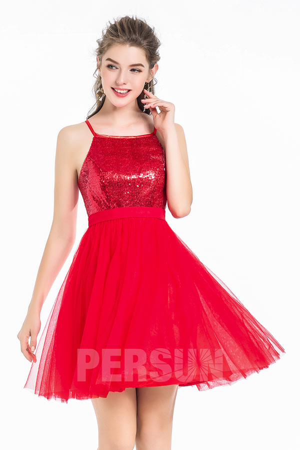 Chic robe rouge encolure carrée à haut en sequins & épaule dénudée pour cocktail mariage