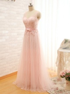Princesse robe de gala rose longue avec broderie délicate