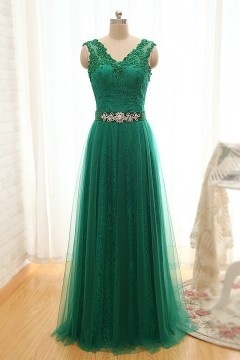 Elégante robe de soirée verte longue dentelle recouverte