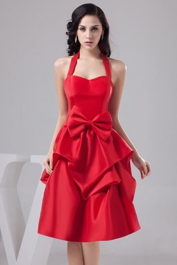 Robe cérémonie mariage rouge courte col américain à noeud papillon