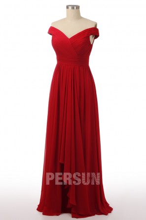 Robe de soirée longue rubis col bardot bustier drapé