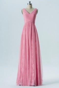 Robe cérémonie mariage rose longue col en V en dentelle