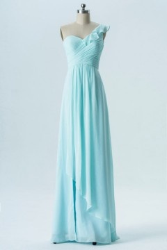 Robe cocktail mariage bleu cyan longue asymétrique avec froufrou