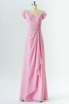 Robe rose longue pour demoiselle d'honneur avec courte manche