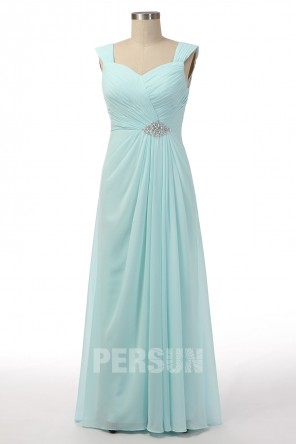 Robe cérémonie mariage aigue-marine longue avec mancheron orné de strass