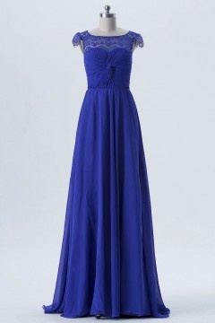 Robe de cérémonie bleu longue au sol encolure en dentelle