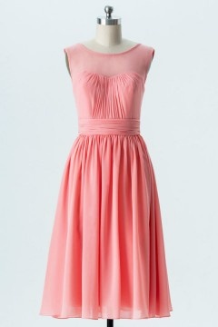 Robe cocktail mariage corail courte plissé encolure transparent & dos nu