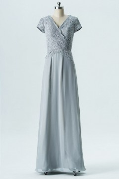 Robe cérémonie mariage argentée haut en dentelle guipure pour mère de mariée