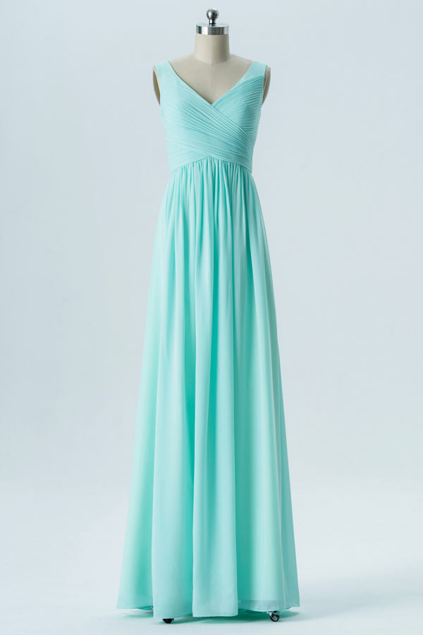 Robe de soirée verte turquoise longue décolleté en V plissé pour mariage