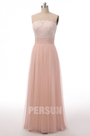 Robe cérémonie rose poussière longue festonné dos décolleté effet goutte d'eau