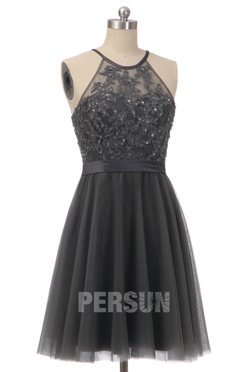Robe cocktail de mariage grise foncé festonnée & appliqué