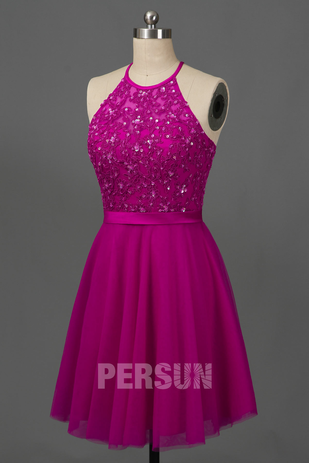 Robe cocktail de mariage grise foncé festonnée & appliqué