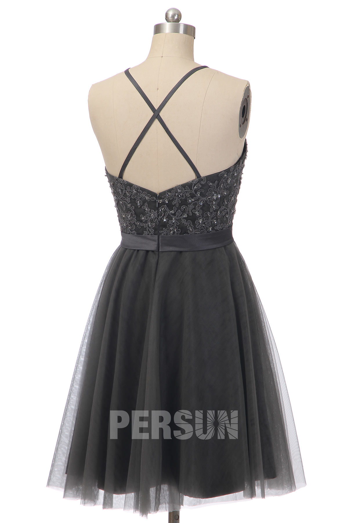Robe cocktail de mariage grise foncé festonnée & appliqué