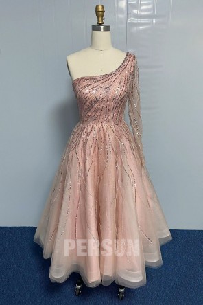 Robe soirée mi-longue avec une manche ou deux manches à paillettes