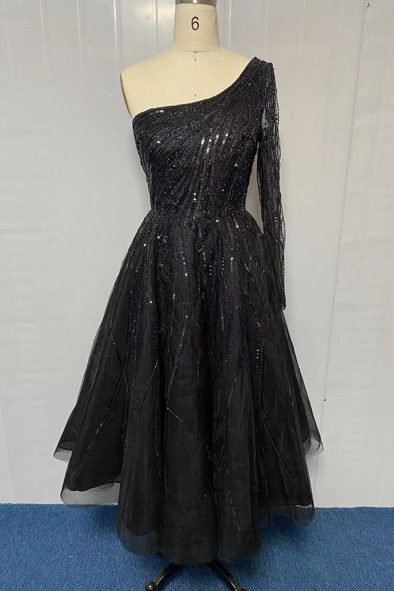 Robe soirée mi-longue avec une manche ou deux manches à paillettes