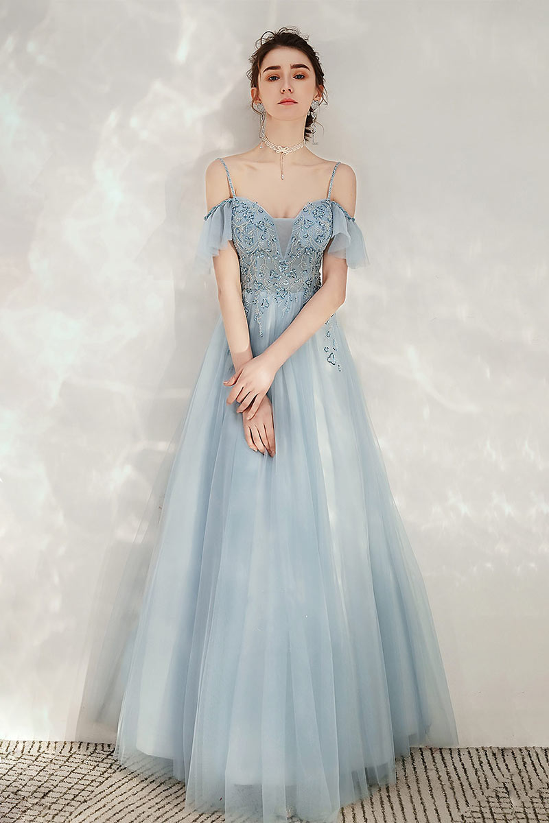 robe de soirée bleu épaule dégagée à bretelle volant embelli de strass
