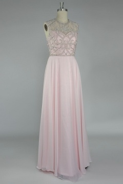 Robe longue rose pâle à haut brodé dos découpé
