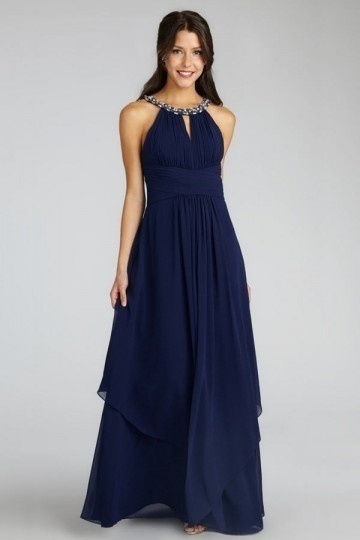 Robe soirée bleu nuit bustier plissée encolure ronde perlée